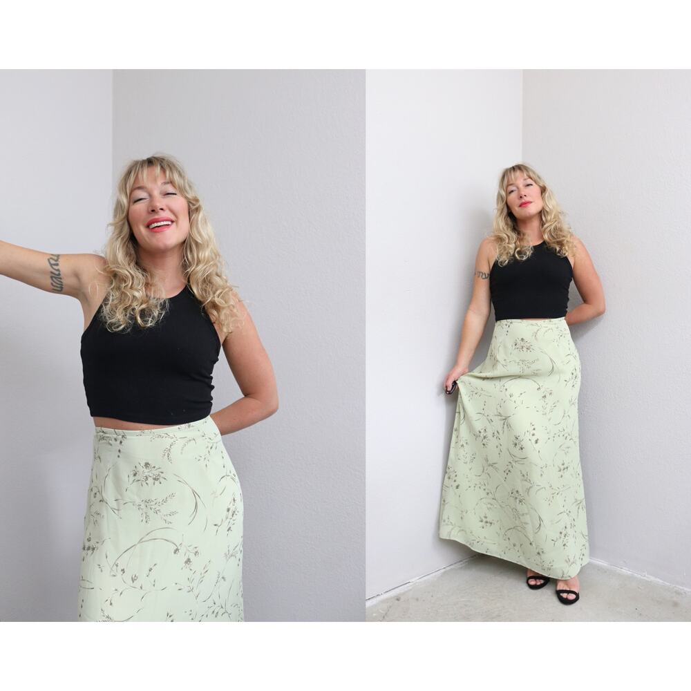 1990's Vintage Soft Sage & Floral Fairy Y2K Maxi Skirt ~ Women's MD LG 31" Waist
